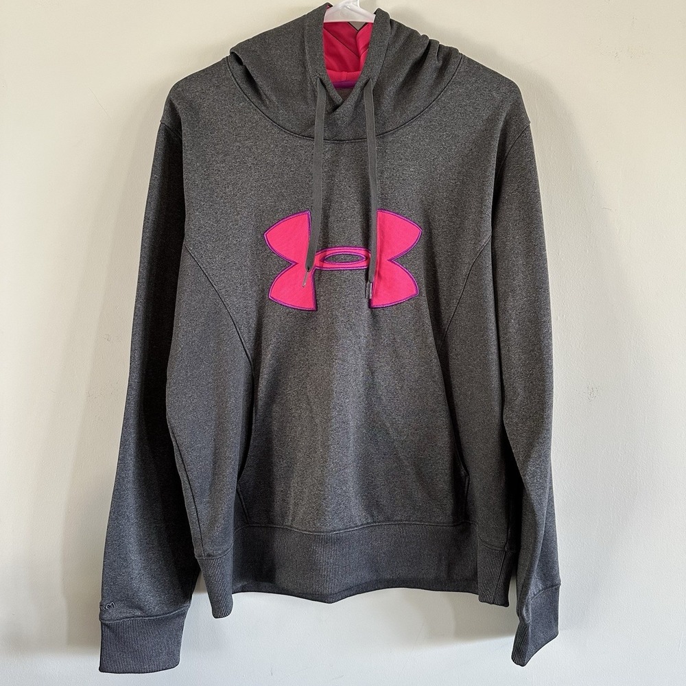 Under Armour Womens Gray Pink Hooded Sweatshirt SemiFitted Pullover ColdGear Lg